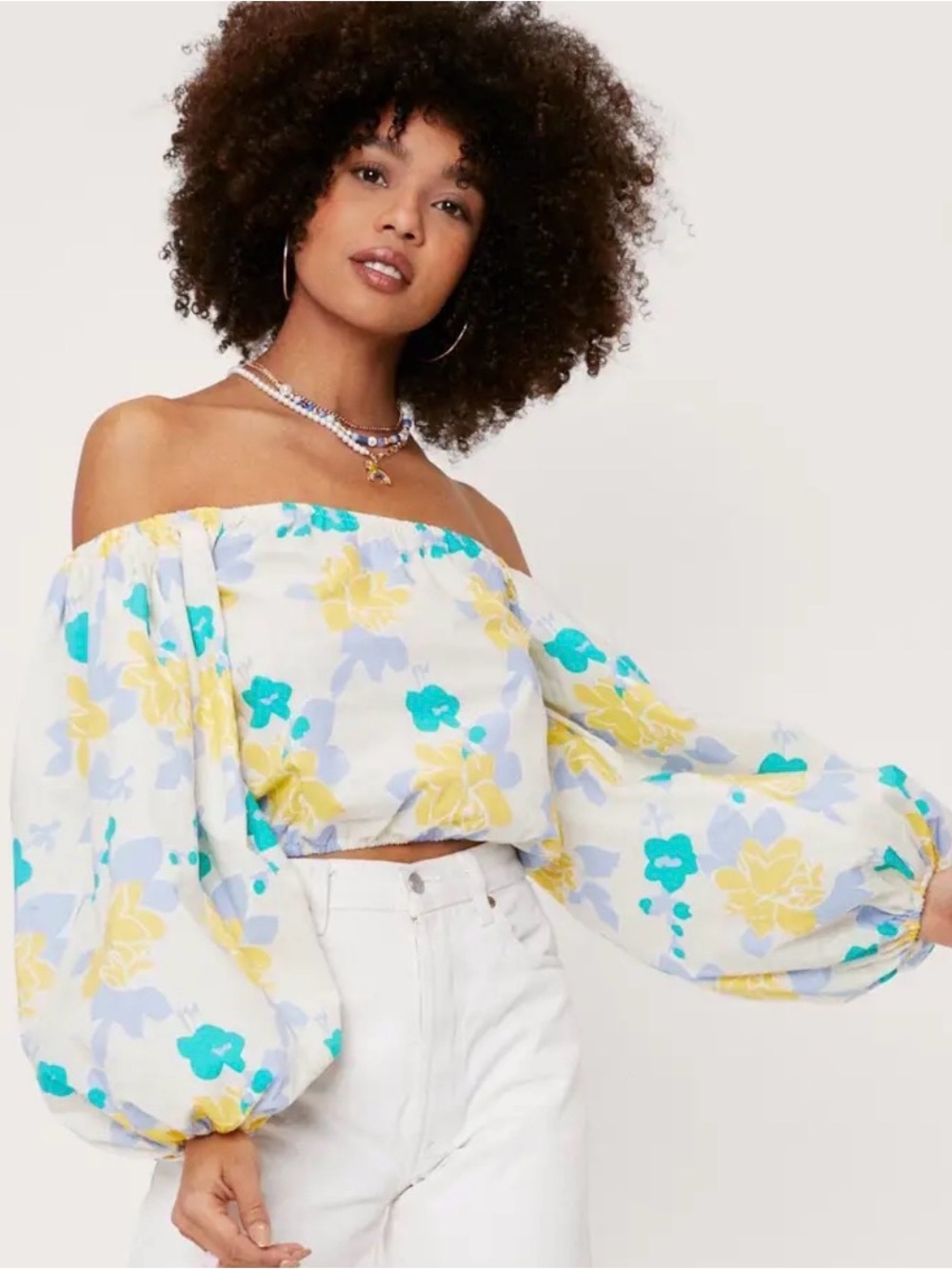 Nasty Gal• Floral Off Shoulder Puff Sleeve Crop Top US 4 Cottagecore Boho Cotton